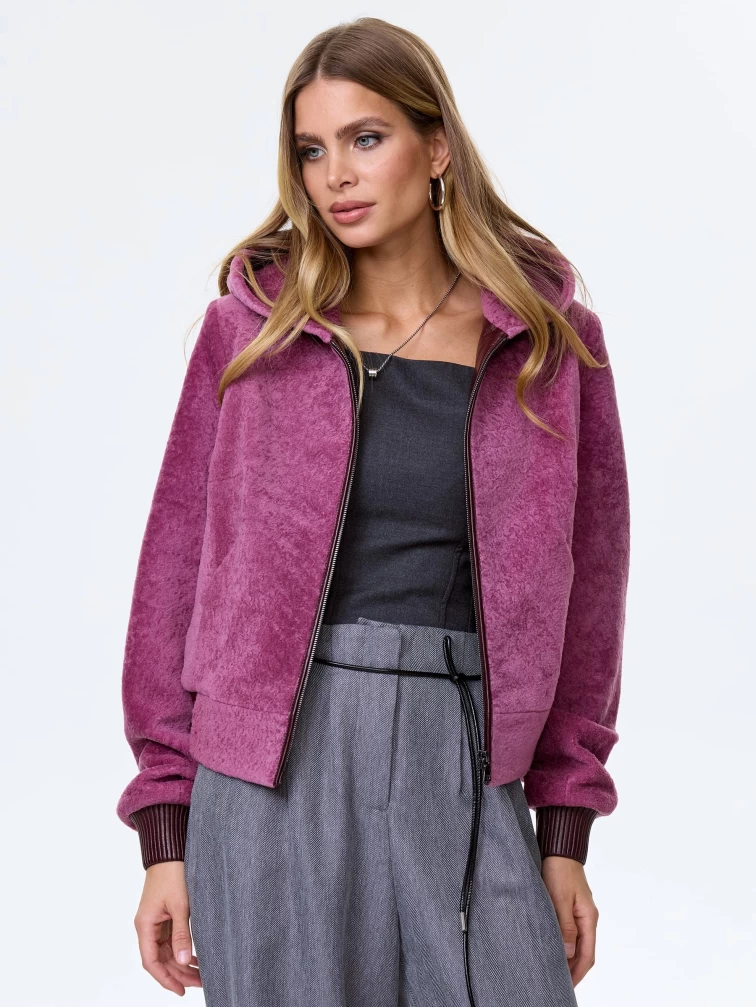 Женская куртка из меховой овчины с капюшоном премиум класса 57мех, сиреневая, размер 44, артикул 64460-3