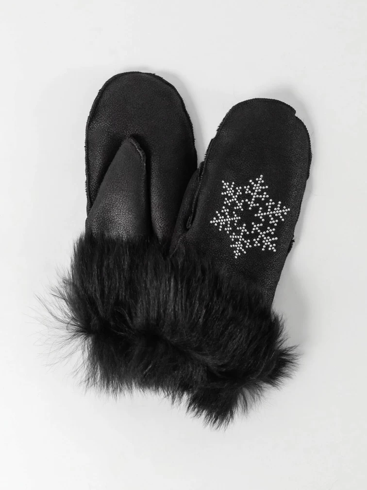 Черные варежки-снежинка из овчины меховой женские, размер One Size, артикул 20450-0