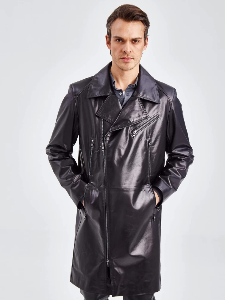 Мужское кожаное пальто из натуральной кожи премиум класса 554, черное, размер 54, артикул 71350-5