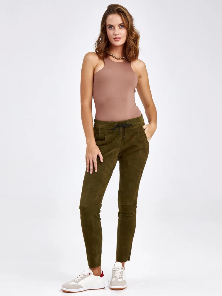 Кожаные женские брюки из натуральной замши 07_1, зеленые, размер 44, артикул 85620-4