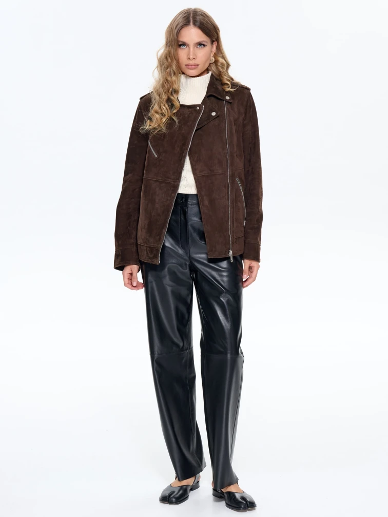 Замшевая женская куртка косуха премиум класса 3079з, коричневая, размер 42, артикул 24700-0