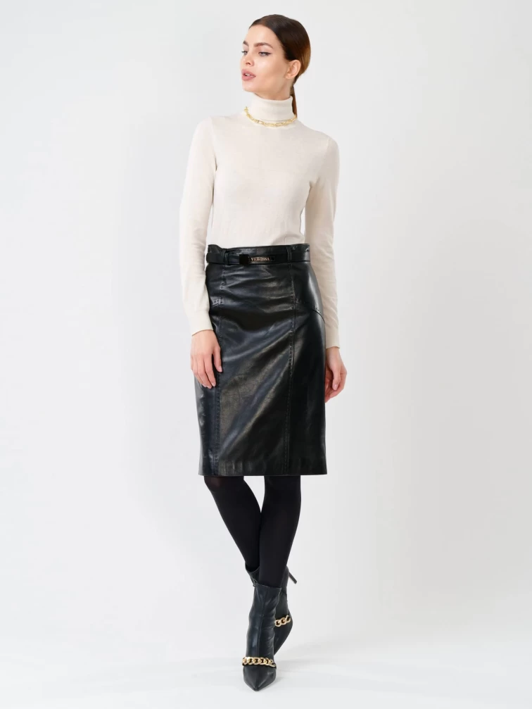 Черная кожаная юбка миди 07, размер 44, артикул 85430-0