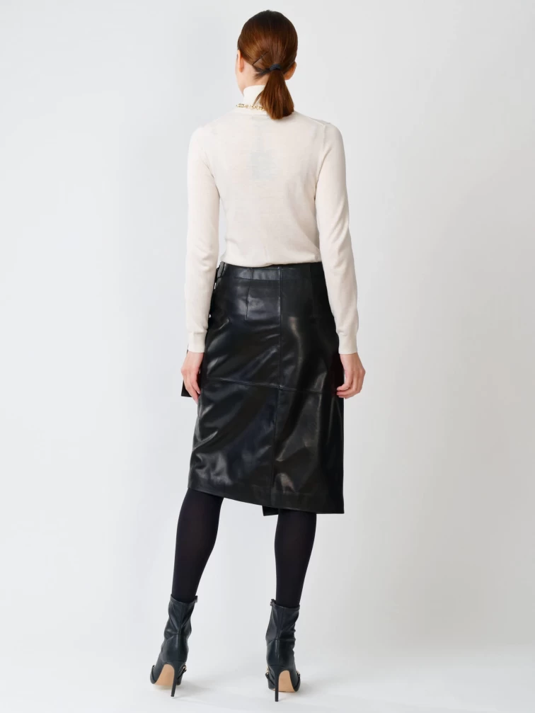 Черная кожаная юбка миди 07, размер 44, артикул 85430-5