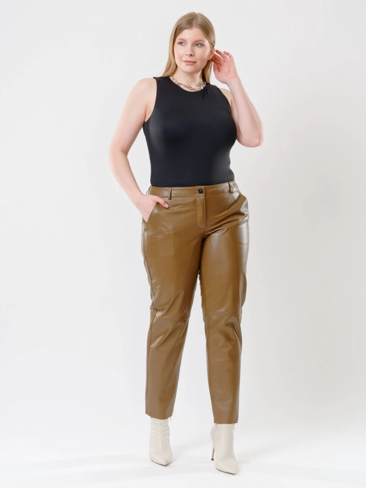 Коричневые зауженные женские кожаные брюки 03, размер 48, артикул 85522-0