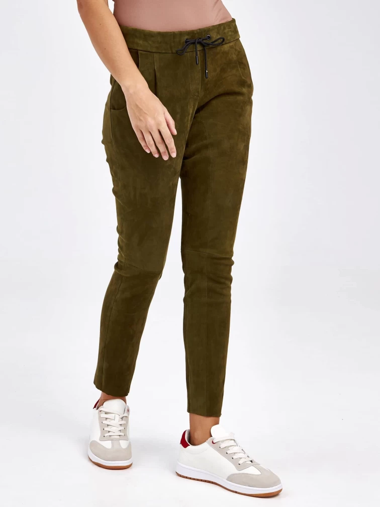 Кожаные женские брюки из натуральной замши 07_1, зеленые, размер 44, артикул 85620-1