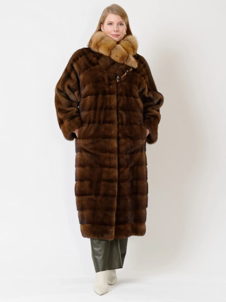 Демисезонный комплект женский: Пальто из меха норки с соболем 1150(вс) + Брюки 06, коричневый/оливковый, р. 52, арт. 111225-5