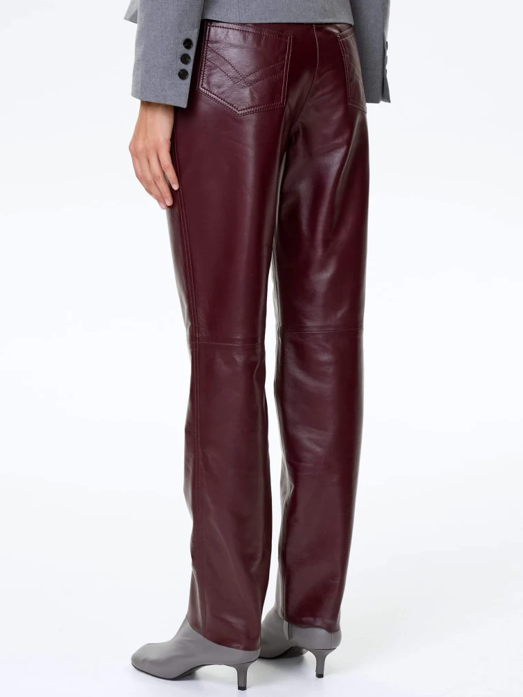 Бордовые зауженные кожаные женские брюки 02, размер 42, артикул 85492-3