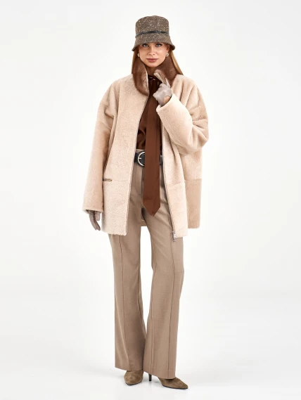 Белая дубленка из астрагана с норкой 59мех, размер 48, артикул 65130-2