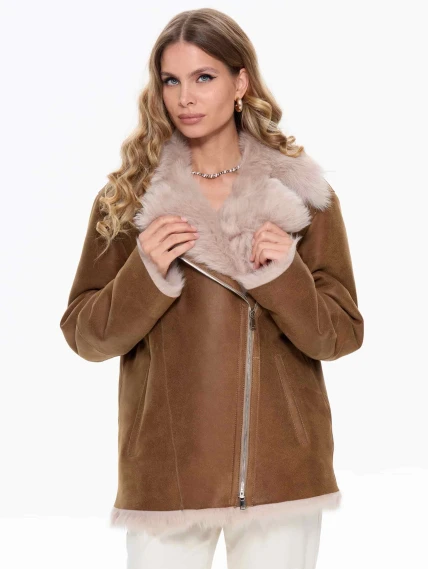 Короткая женская дубленка из тосканы 2068, бежевая, размер 48, артикул 64730-4