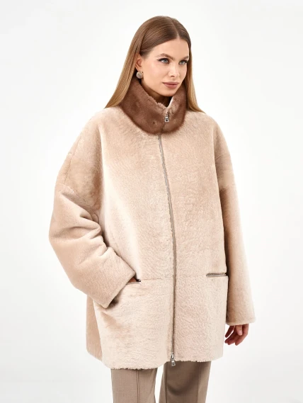 Белая дубленка из астрагана с норкой 59мех, размер 48, артикул 65130-6