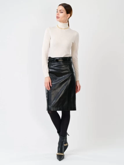Черная кожаная юбка миди 07, размер 44, артикул 85430-0