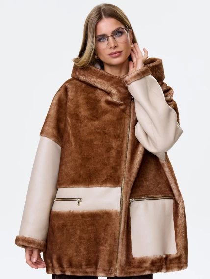 Женское полупальто с капюшоном из натуральной овчины астрагана премиум класса 2058, бежевое, размер 52, артикул 64360-4