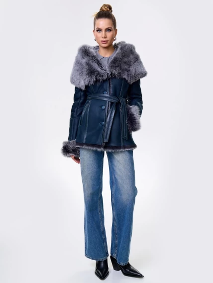 Короткая женская дубленка из тосканы с капюшоном 122, синяя, размер 44, артикул 14871-1