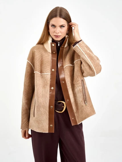 Короткая женская дубленка 2074, бежевая, размер 44, артикул 65250-4