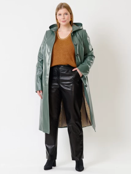 Кожаный комплект женский: Плащ утепленный 380нш + Брюки 04, оливковый/черный, р. 46, арт. 111265-0