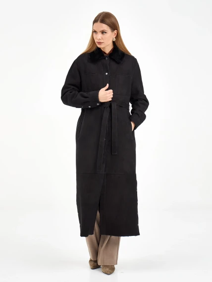 Длинная замшевая женская дубленка 2086, черная, размер 44, артикул 64980-4