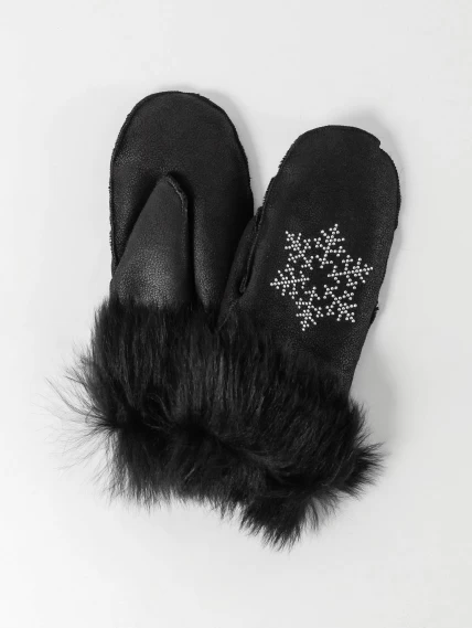 Черные варежки-снежинка из овчины меховой женские, размер One Size, артикул 20450-0