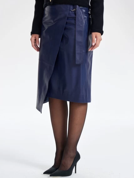 Синяя кожаная юбка миди 07, размер 48, артикул 86370-4