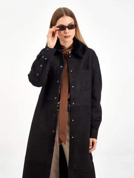 Длинная замшевая женская дубленка 2086, черная, размер 44, артикул 64980-0