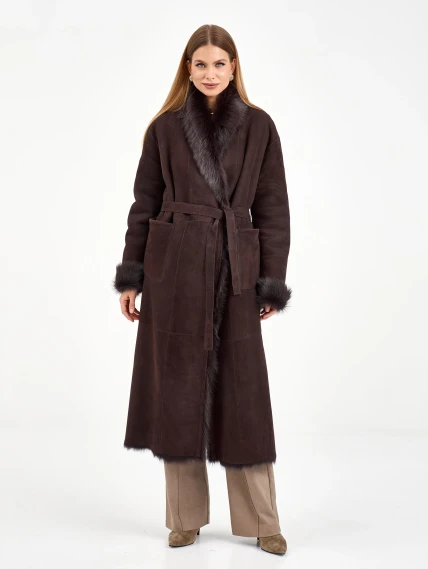 Коричневая женская дубленка из тосканы 2020, коричневая, размер 42, артикул 65090-2