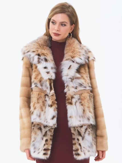 Женская шуба из рысевидной кошки с капюшоном премиум класса Мариана(к), бежевая, размер 46, артикул 34240-4
