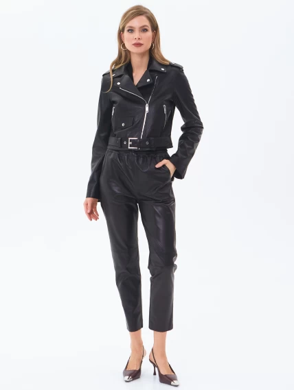Женская кожаная куртка косуха с поясом премиум класса 3080, черная, размер 42, артикул 24540-1
