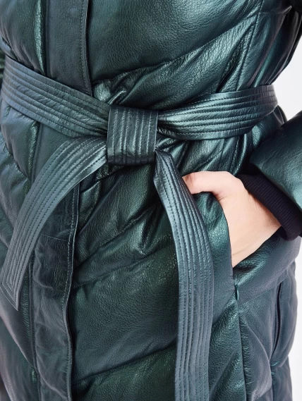 Женское стеганое кожаное пальто с меховым капюшоном премиум класса 3048, зеленое, размер 44, артикул 25680-3