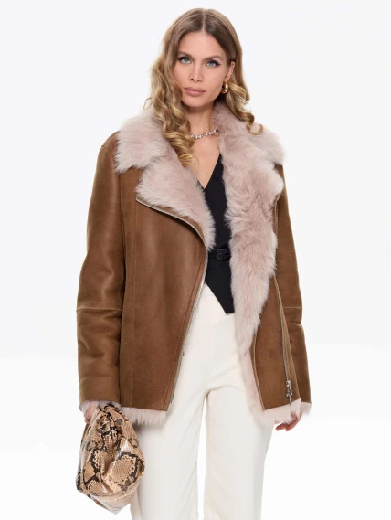 Короткая женская дубленка из тосканы 2068, бежевая, размер 48, артикул 64730-0
