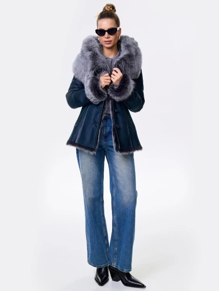 Короткая женская дубленка из тосканы с капюшоном 122, синяя, размер 44, артикул 14871-7