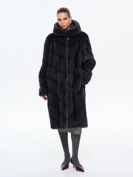 Длинная женская норковая шуба с капюшоном Москвичка-132, черная, размер 52, артикул 65390-4