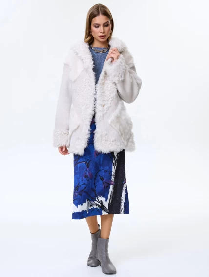 Короткая комбинированная женская дубленка с мехом тиградо премиум класса 2027, белая, размер 44, артикул 64190-1