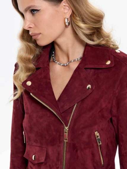 Женская замшевая куртка косуха с поясом премиум класса 3080з, бордовая, размер 42, артикул 24740-2