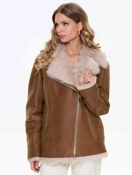 Короткая женская дубленка из тосканы 2068, бежевая, размер 48, артикул 64730-7