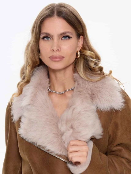 Короткая женская дубленка из тосканы 2068, бежевая, размер 48, артикул 64730-3