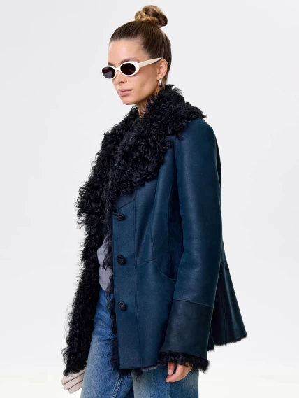 Короткая женская дубленка с овчиной тиградо 289, синяя, размер 42, артикул 61951-6