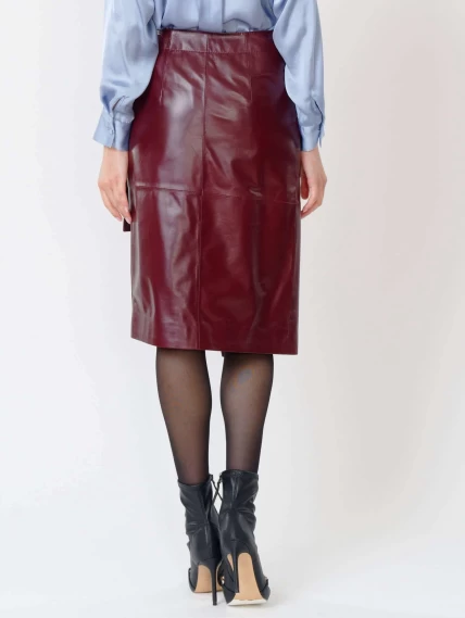 Бордовая кожаная юбка миди 07, размер 42, артикул 85420-5