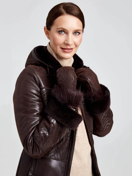 Короткая женская комбинированная дубленка с капюшоном 268, коричневая, размер 42, артикул 62360-4