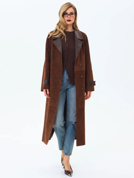 Длинный женский замшевый плащ премиум класса 3083з, коньячный, размер 48, артикул 24550-6