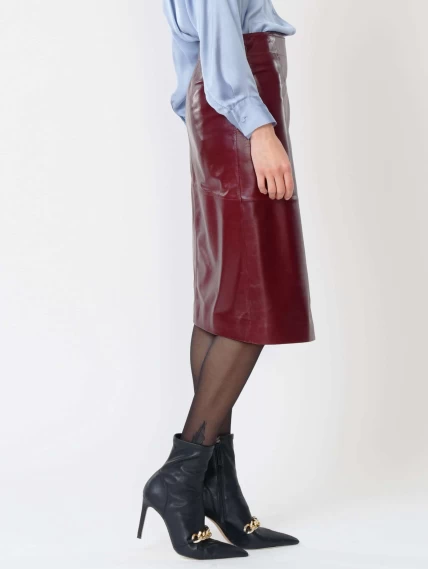 Бордовая кожаная юбка миди 07, размер 42, артикул 85420-7