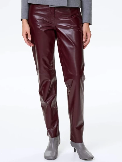 Бордовые зауженные кожаные женские брюки 02, размер 42, артикул 85492-5