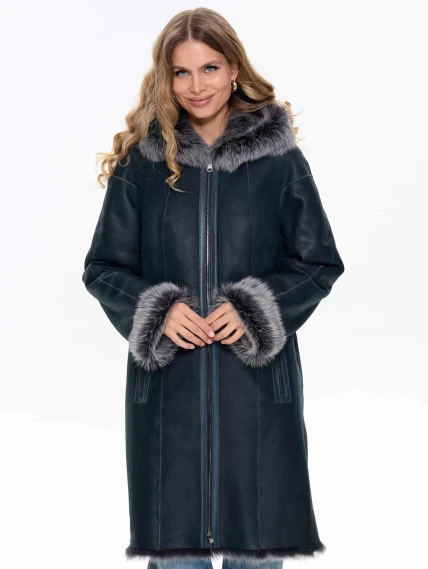 Женская дубленка с капюшоном из тосканы 2067, синяя, размер 48, артикул 64740-0
