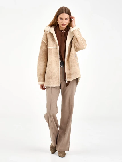 Короткая женская дубленка с капюшоном 2075, бежевая, размер 46, артикул 65230-6