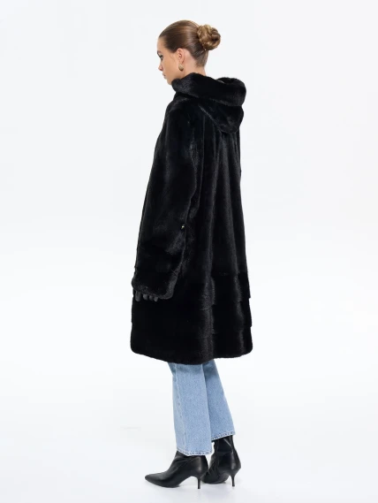 Длинная норковая женская шуба с капюшоном М-102- 664, черная, размер 56, артикул 65360-5