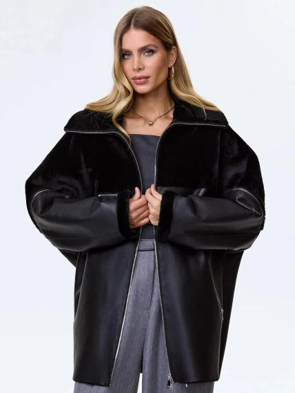 Молодежная дубленка оверсайз для женщин премиум класса 2051, черная, размер 48, артикул 64160-0