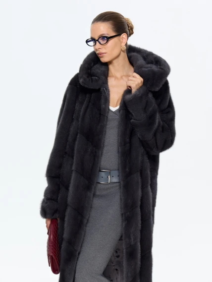 Длинная женская норковая шуба с капюшоном Москвичка-132, черная, размер 52, артикул 65390-2