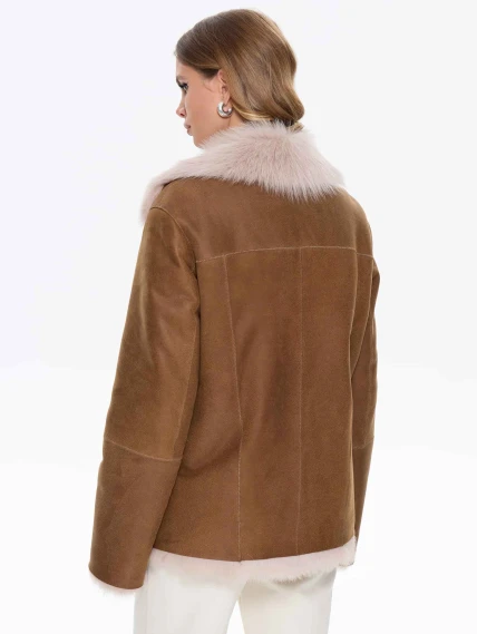 Короткая женская дубленка из тосканы 2068, бежевая, размер 48, артикул 64730-5
