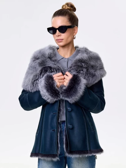 Короткая женская дубленка из тосканы с капюшоном 122, синяя, размер 44, артикул 14871-0