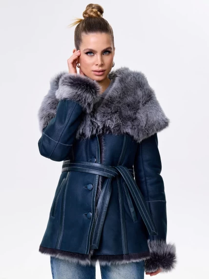 Короткая женская дубленка из тосканы с капюшоном 122, синяя, размер 44, артикул 14871-3