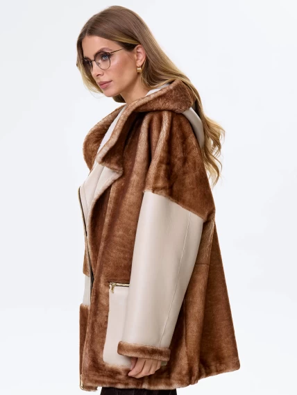 Комбинированная женская дубленка с капюшоном из астрагана премиум класса 2058, бежевая, размер 52, артикул 64140-6