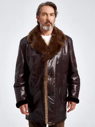 Кожаная мужская дубленка с воротником меха соболя премиум класса 5140-1